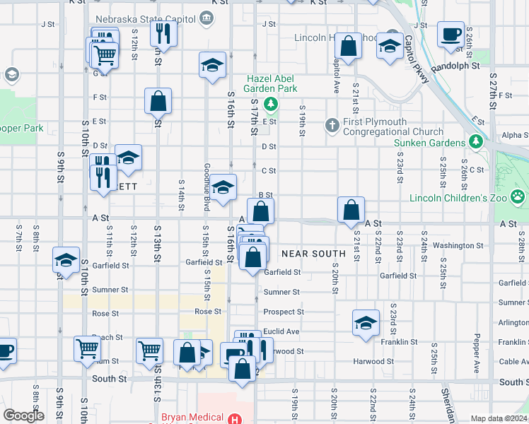 map of restaurants, bars, coffee shops, grocery stores, and more near 1727 B Street in Lincoln
