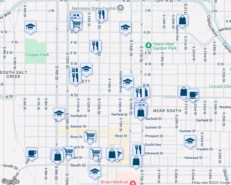 map of restaurants, bars, coffee shops, grocery stores, and more near 1427 B Street in Lincoln