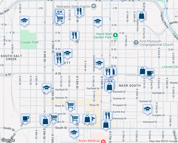 map of restaurants, bars, coffee shops, grocery stores, and more near 1427 B Street in Lincoln