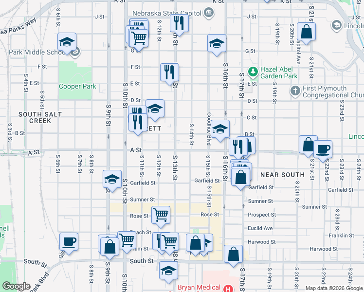 map of restaurants, bars, coffee shops, grocery stores, and more near 1321 B Street in Lincoln