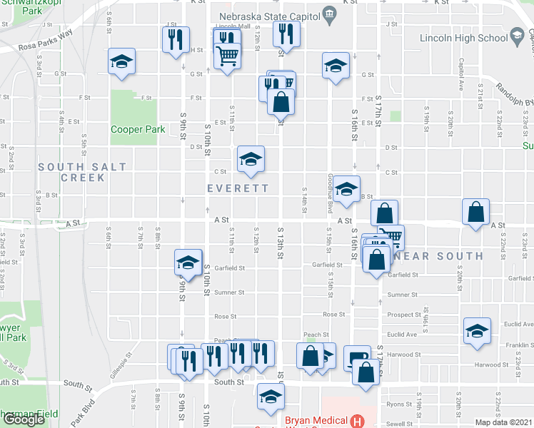 map of restaurants, bars, coffee shops, grocery stores, and more near 1215 B Street in Lincoln