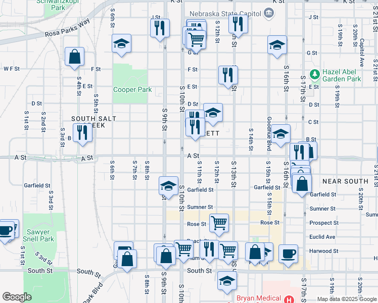 map of restaurants, bars, coffee shops, grocery stores, and more near 1027 B Street in Lincoln