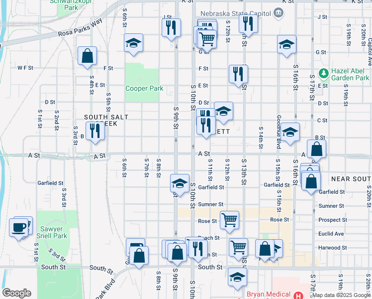 map of restaurants, bars, coffee shops, grocery stores, and more near 925 B Street in Lincoln