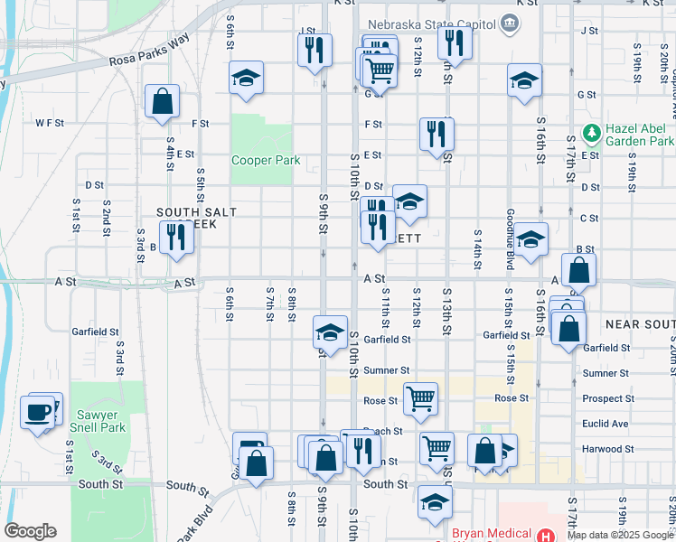 map of restaurants, bars, coffee shops, grocery stores, and more near 925 B Street in Lincoln