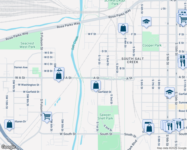 map of restaurants, bars, coffee shops, grocery stores, and more near 127 West B Street in Lincoln