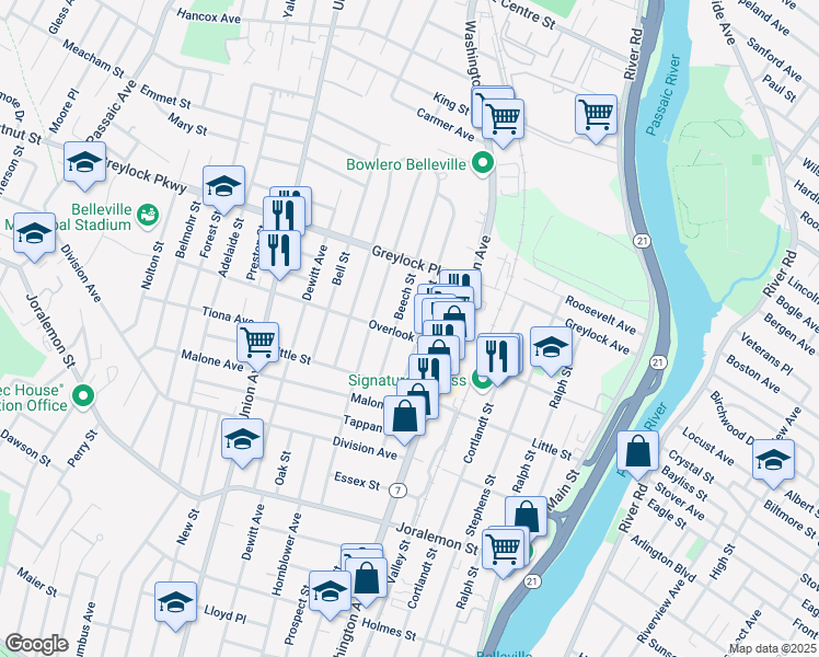 map of restaurants, bars, coffee shops, grocery stores, and more near 60 Beech Street in Belleville