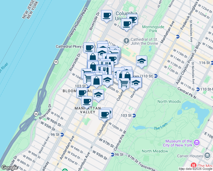map of restaurants, bars, coffee shops, grocery stores, and more near West 105th Street in New York