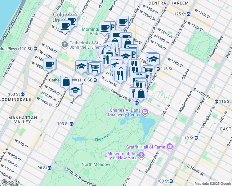 map of restaurants, bars, coffee shops, grocery stores, and more near 202 West 110th Street in New York