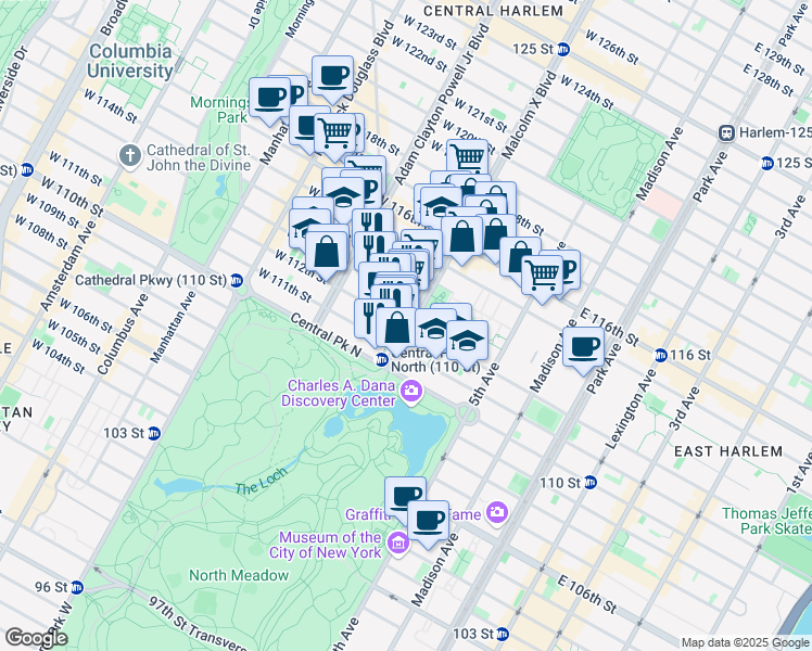 map of restaurants, bars, coffee shops, grocery stores, and more near 100 West 112th Street in New York