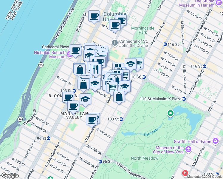 map of restaurants, bars, coffee shops, grocery stores, and more near 940 Columbus Avenue in New York