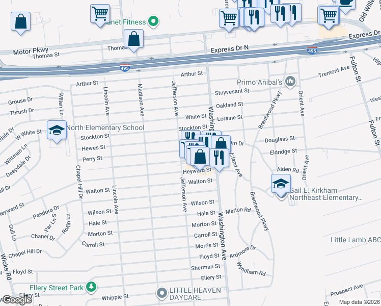 map of restaurants, bars, coffee shops, grocery stores, and more near 53 Perry Street in Brentwood