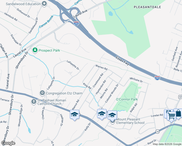 map of restaurants, bars, coffee shops, grocery stores, and more near 65 Warren Road in West Orange