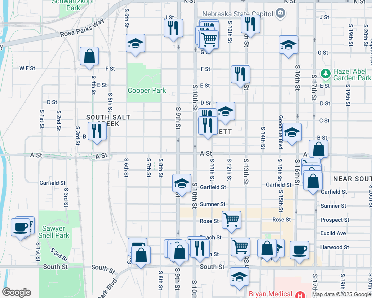 map of restaurants, bars, coffee shops, grocery stores, and more near 922 A Street in Lincoln