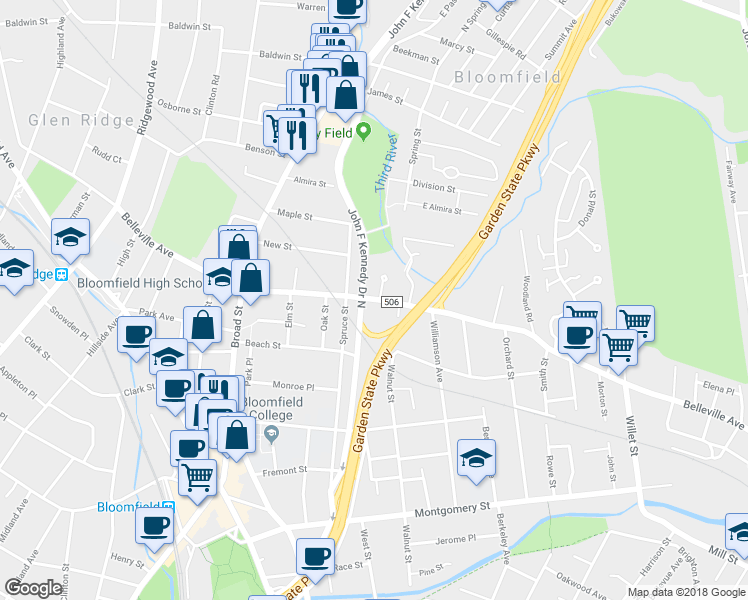 map of restaurants, bars, coffee shops, grocery stores, and more near 256 Belleville Avenue in Bloomfield