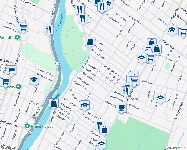 map of restaurants, bars, coffee shops, grocery stores, and more near 31 9th Street in North Arlington