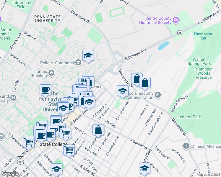 map of restaurants, bars, coffee shops, grocery stores, and more near 700 East Beaver Avenue in State College