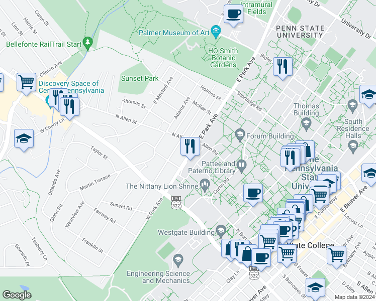 map of restaurants, bars, coffee shops, grocery stores, and more near 125 West Park Avenue in State College