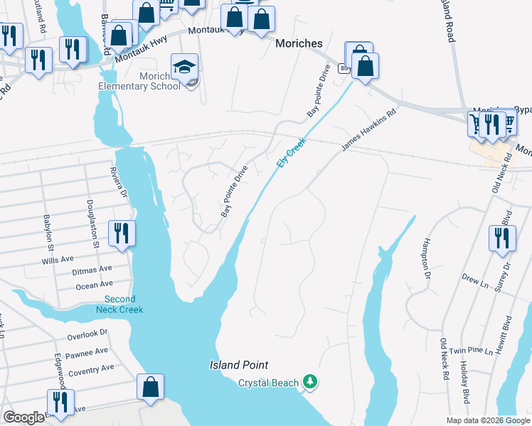 map of restaurants, bars, coffee shops, grocery stores, and more near 56 James Hawkins Road in Moriches