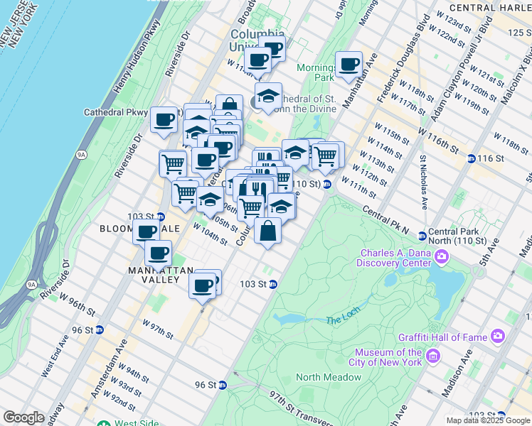 map of restaurants, bars, coffee shops, grocery stores, and more near 965 Columbus Avenue in New York