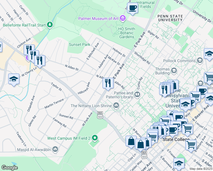 map of restaurants, bars, coffee shops, grocery stores, and more near 125 West Park Avenue in State College