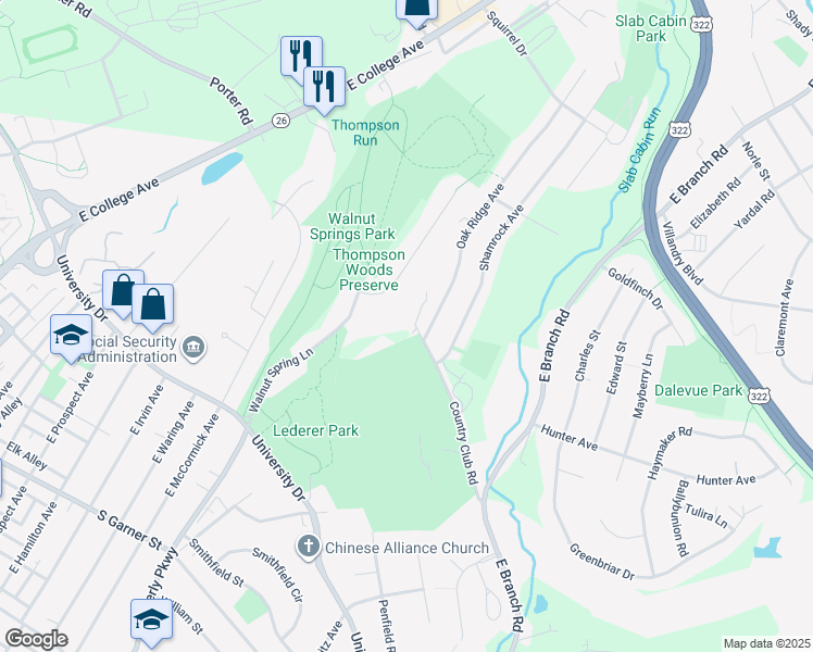 map of restaurants, bars, coffee shops, grocery stores, and more near 101 Timber Lane in State College