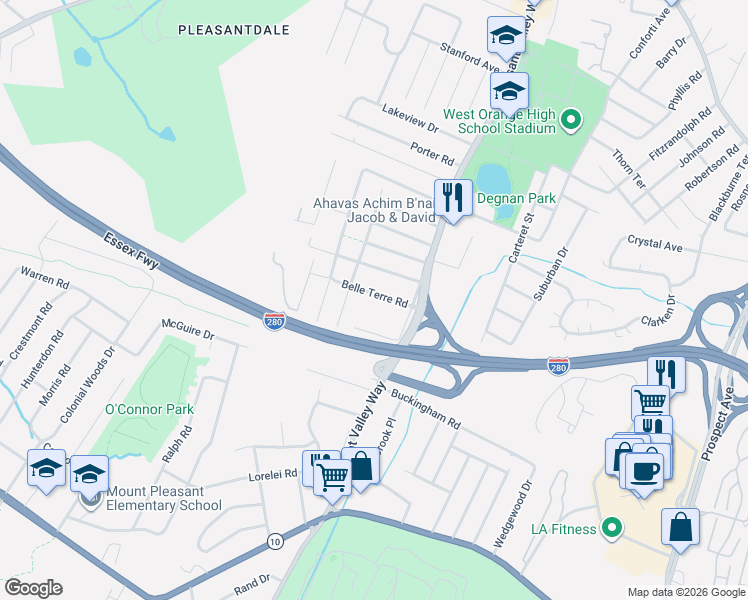 map of restaurants, bars, coffee shops, grocery stores, and more near 21 Belle Terre Road in West Orange