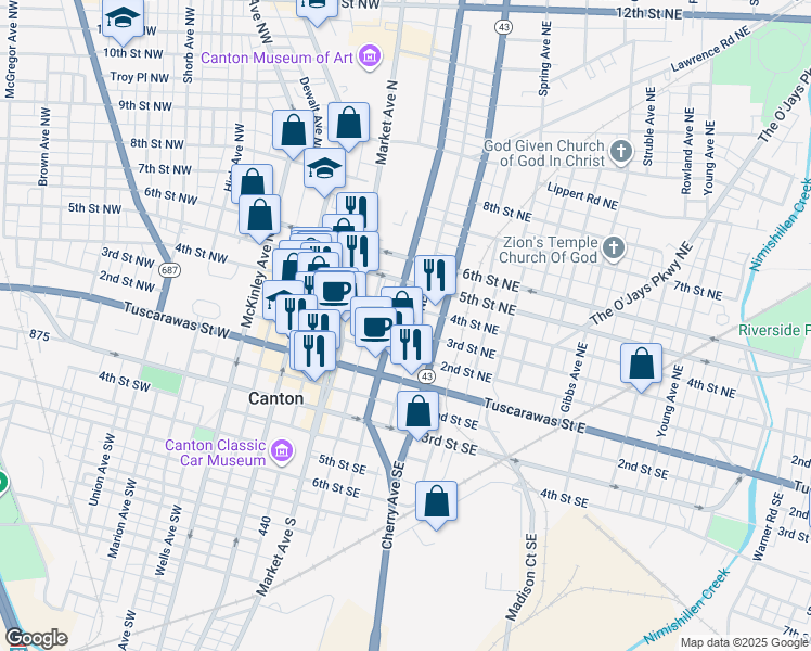 map of restaurants, bars, coffee shops, grocery stores, and more near 328 4th Street Northeast in Canton