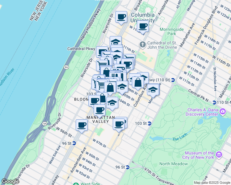 map of restaurants, bars, coffee shops, grocery stores, and more near 910 Amsterdam Avenue in New York