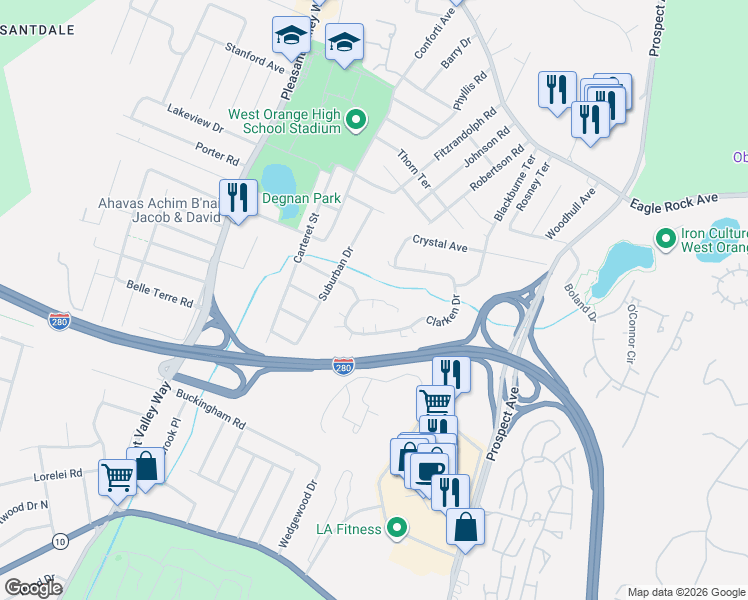 map of restaurants, bars, coffee shops, grocery stores, and more near 20 Dockery Drive in West Orange