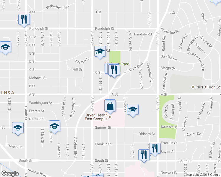 map of restaurants, bars, coffee shops, grocery stores, and more near 1316 South 50th Street in Lincoln