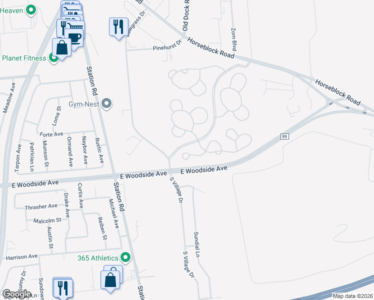 map of restaurants, bars, coffee shops, grocery stores, and more near 1113 Orchid Circle in Bellport