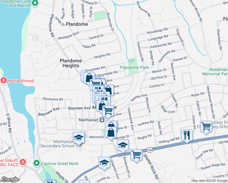 map of restaurants, bars, coffee shops, grocery stores, and more near 84 Vanderbilt Avenue in Manhasset