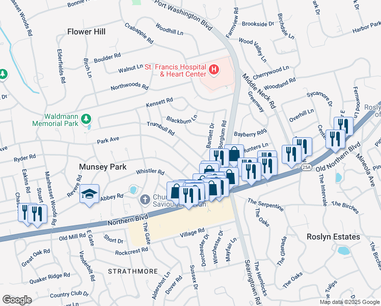 map of restaurants, bars, coffee shops, grocery stores, and more near 293 Trumbull Road in Manhasset