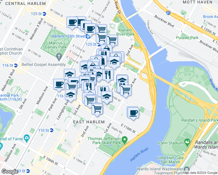 map of restaurants, bars, coffee shops, grocery stores, and more near 2nd Ave & E 120th St in New York