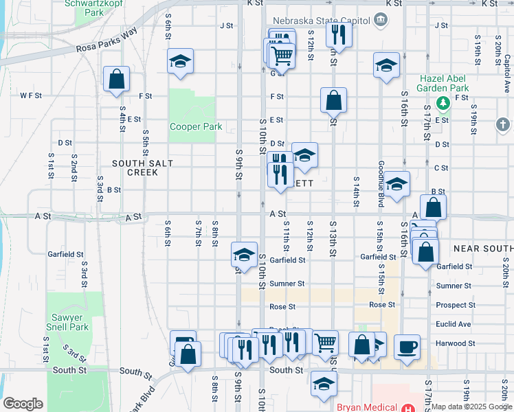 map of restaurants, bars, coffee shops, grocery stores, and more near 925 B Street in Lincoln