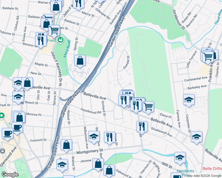 map of restaurants, bars, coffee shops, grocery stores, and more near 57 Woodland Road in Bloomfield