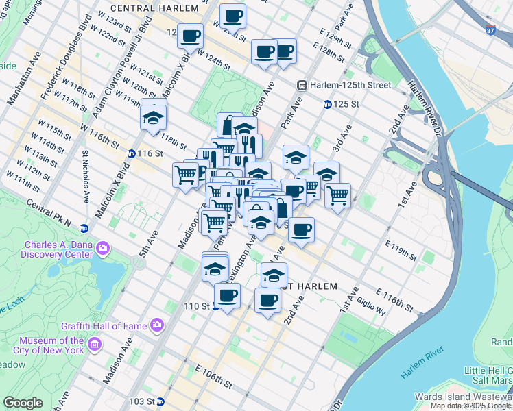 map of restaurants, bars, coffee shops, grocery stores, and more near 124 East 117th Street in New York