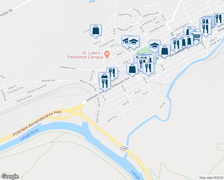 map of restaurants, bars, coffee shops, grocery stores, and more near 140 Delaware Avenue in Palmerton
