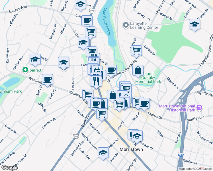 map of restaurants, bars, coffee shops, grocery stores, and more near 19 Speedwell Avenue in Morristown