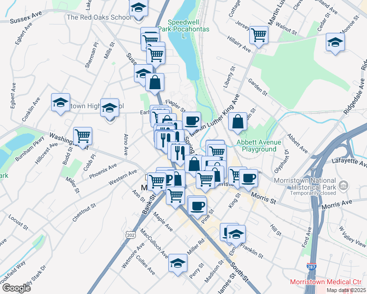 map of restaurants, bars, coffee shops, grocery stores, and more near 19 Speedwell Avenue in Morristown