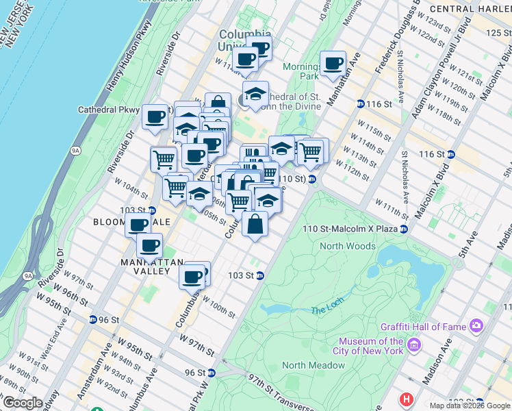 map of restaurants, bars, coffee shops, grocery stores, and more near 965 Columbus Avenue in New York
