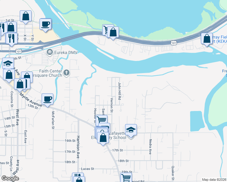 map of restaurants, bars, coffee shops, grocery stores, and more near 1120 John Hill Road in Eureka
