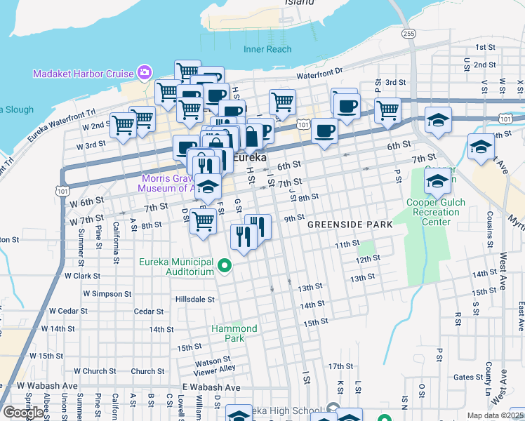 map of restaurants, bars, coffee shops, grocery stores, and more near 730 I Street in Eureka