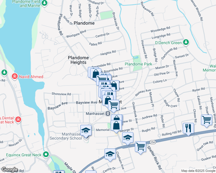 map of restaurants, bars, coffee shops, grocery stores, and more near 47 Vanderbilt Avenue in Manhasset
