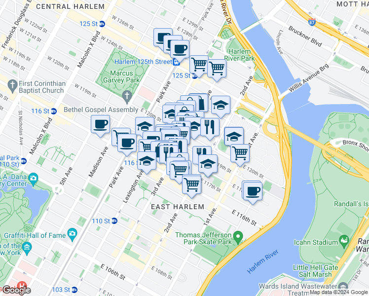 map of restaurants, bars, coffee shops, grocery stores, and more near 2193 3rd Avenue in New York