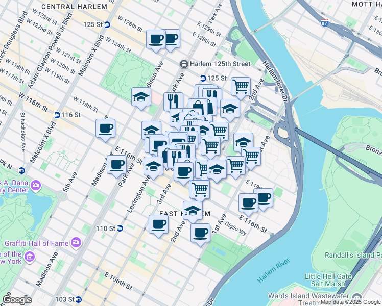 map of restaurants, bars, coffee shops, grocery stores, and more near 2193 3rd Avenue in New York