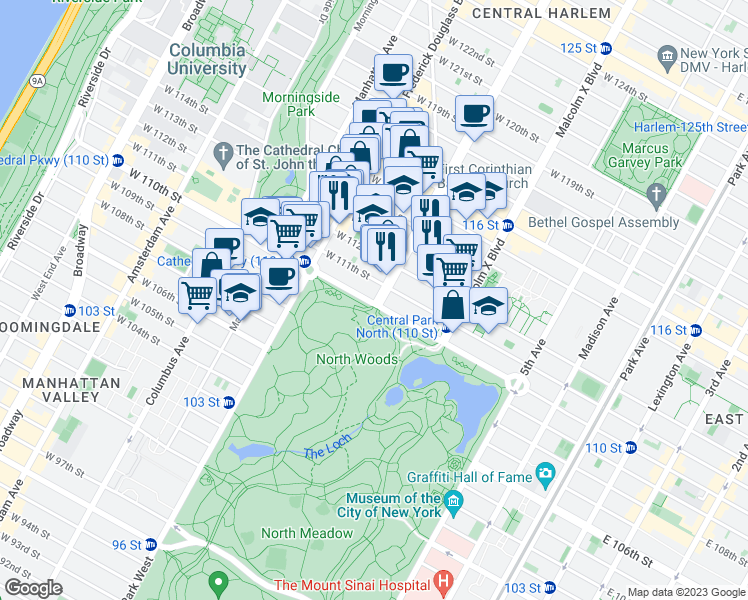 map of restaurants, bars, coffee shops, grocery stores, and more near in New York