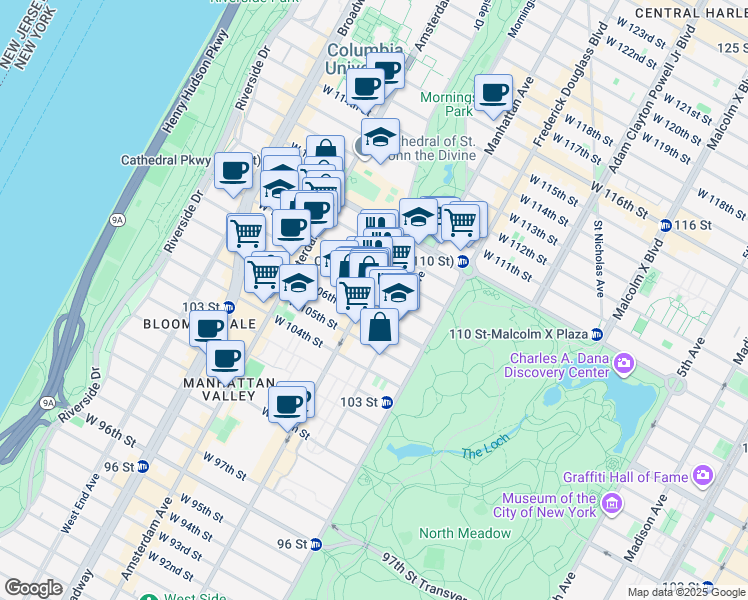 map of restaurants, bars, coffee shops, grocery stores, and more near 965 Columbus Avenue in New York
