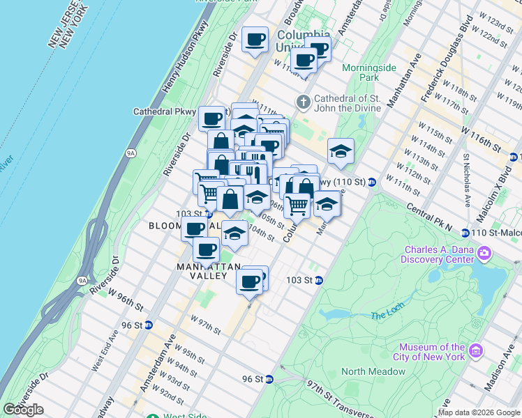 map of restaurants, bars, coffee shops, grocery stores, and more near 947 Amsterdam Avenue in New York