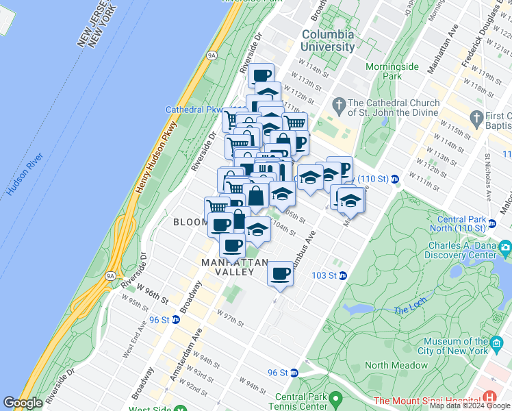 map of restaurants, bars, coffee shops, grocery stores, and more near 920 Amsterdam Avenue in New York